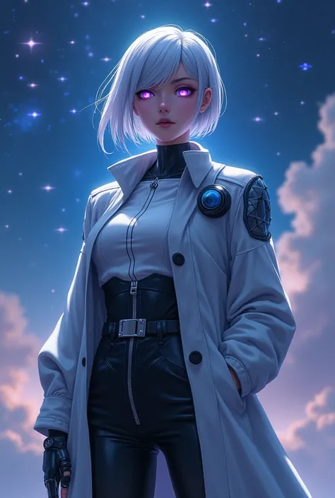 (1 Girl, Solitary, Solitary), (I&#39;m going, short hair, (Purple Eyes:1.3), Gray hair, Eye mask, Eye mask, Single Robotic Arm, Silver Hair,short hair, 淡Purple Eyes), ((Solitary, (1 female,Pink lipstick ), Extremely detailed , Soft ambient lighting, 4K, Pe...