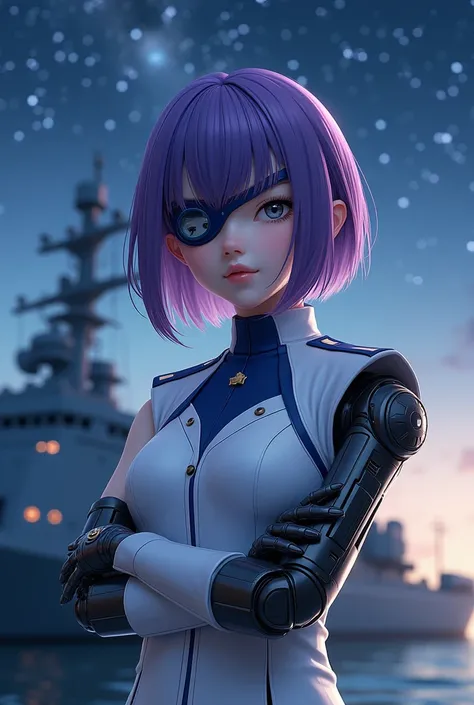 (1 Girl, Solitary, Solitary), (I&#39;m going, short hair, (Purple Eyes:1.3), Gray hair, Eye mask, Eye mask, Single Robotic Arm, Silver Hair,short hair, 淡Purple Eyes), ((Solitary, (1 female,Pink lipstick ), Extremely detailed , Soft ambient lighting, 4K, Pe...