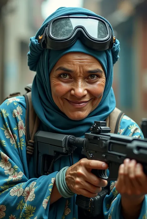 Old lady age 60 year old. Wear turban blue. No teeth smile. Have a big mole on cheek . Weaponize hand. Hand holding sniper. Blue big floral dress. Wear cyberpunk dress. High tech suit. Modern turban.eyes grey. Wear visor. Anger face. Malay old lady. Indone...