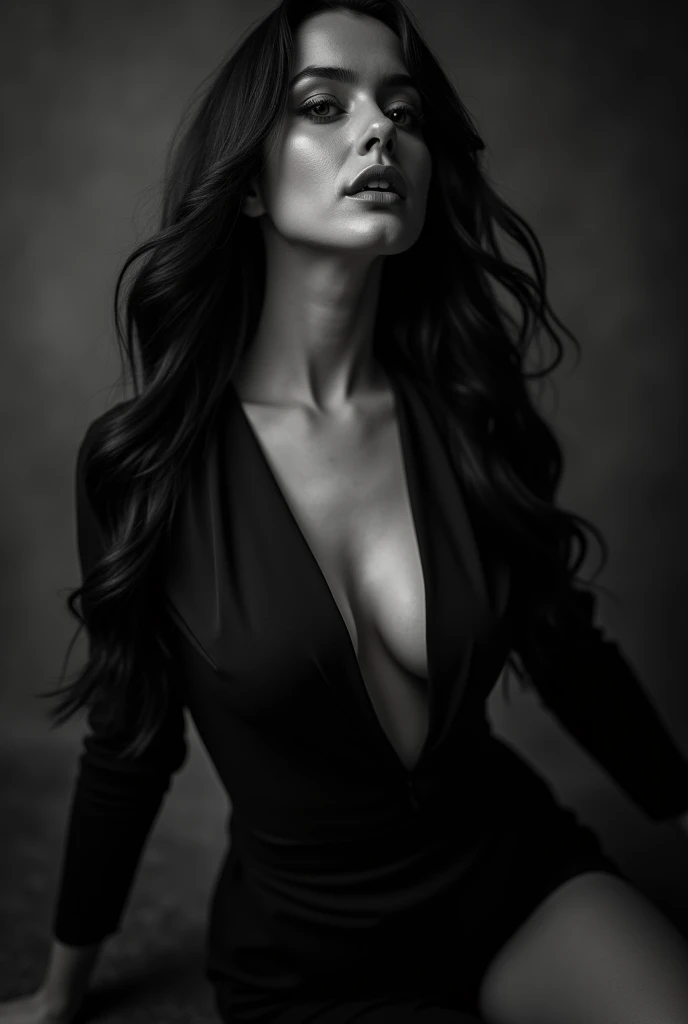 cinematic potrait cinematic,(close up)a woman with long dark hair, curvy body wearing black clothes, during a photo shoot, pose dynamis, black and white nuances