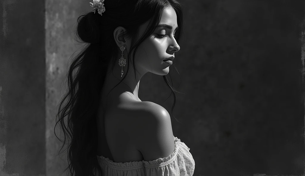 innocent women waiting for her love, hopeful expression, romantic retro vibes, singing expression, vintage, back side shot, modern Indian woman, sexy, busty, night, very dim light, shadows, dark, black and white, kind of looks like oil painting, detailed f...