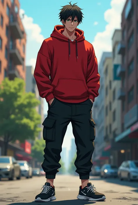 anime,man,Rugged look,  per viewer, black hair, shaggy hair, green eyes, Red hoodie, black trousers, joggers,  black sneakers, full length. hands in pockets, city, 