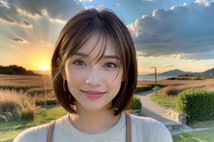 8k,(Highest quality:1.5), (Realistic:1.5),Scottish landscape、Islay scenery、Highland scenery、Amazing view of the sunset sky and clouds、Brown short hair,The best smile、Happy Smile、Japanese actress,Super Beauty(Like the real thing),Short sleeve dress,Whiskey ...