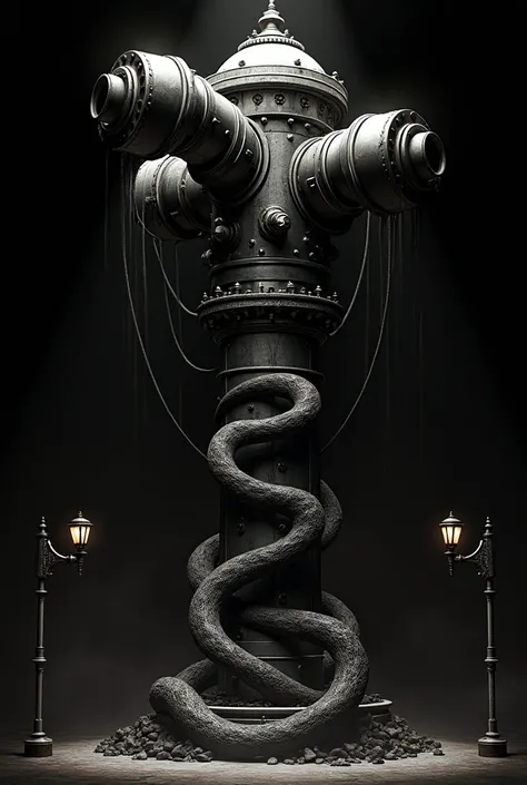 Mech hydrant with 3 heads.
Eating big wormcoil.
Black background with lots lamp.
All in noir atmosphere 