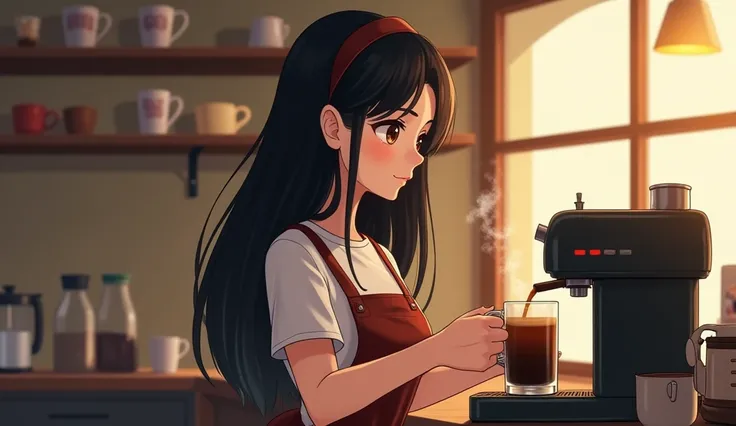 A female cafe owner brews coffee、Quaint shop、Long straight black hair、Realistic depiction、counter、Backlight、Coffee cups on the wall、steam、Glass coffee server、The shine of the coffee surface