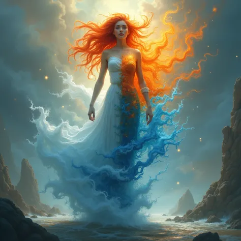 The god of the four elements of water, fire, earth and wind - his hair is made of fire - his legs and lower torso are storms - half of his chest is made of water and half of his chest is made of earth, he is pink like a man and a woman. At the same time - ...