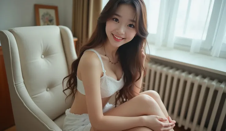 realistic photo、Cute high school girl close up、bikini、Beautiful sitting , Sit well, Photo taken from the opposite seat, skirt, high heel, pantyhose, White lace panties, surprised expression, Perfect long hair style, big bust, White skin, Bright smile