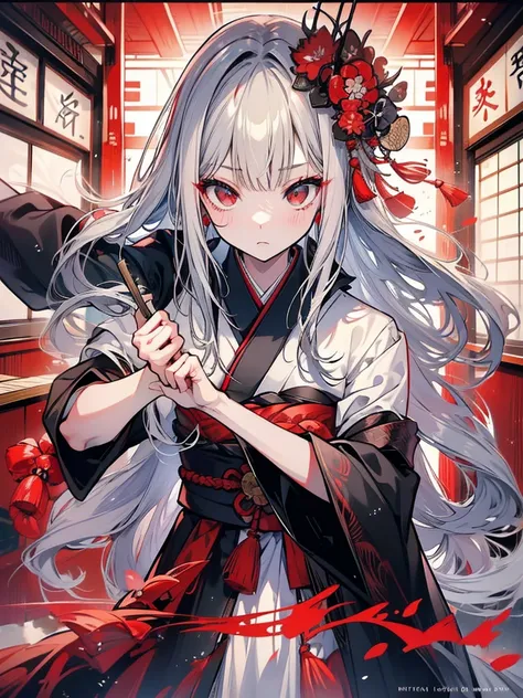 high quality、black kimono、gray hair、long hair、captivating red eyes、nice、japanese style、fight、martial arts、fist、fistの戦い、movie、fig...