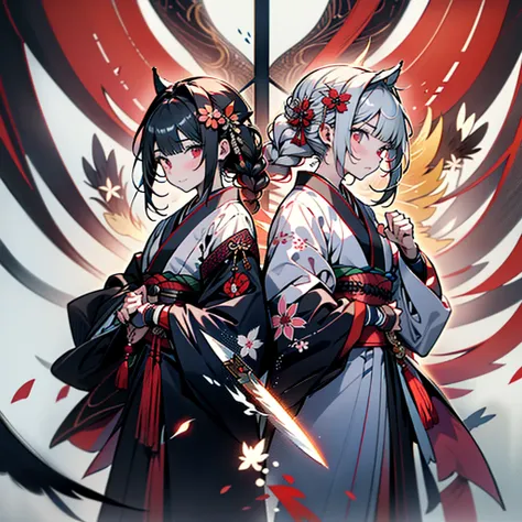 the best composition、masterpiece、high quality、black kimono、gray hair、long hair、captivating red eyes、nice、japanese style、fight、ma...