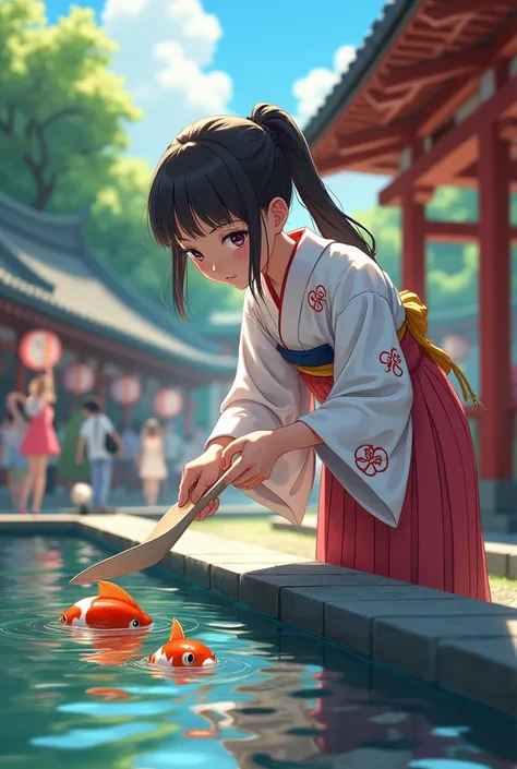 A high school girl with a ponytail wearing a yukata scooping goldfish in a realistic style