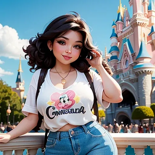 Sunny day in front of Cinderella Castle at Disneyland Paris. Spotlight, A curvy latina girl, curly dark brunette, wearing casual sexy clothes poses for the viewer.