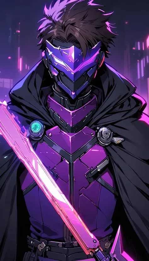 A teen boy, modern knight , French, purple mask and cloak, cyber equipment , cyber electric franch sword, upper body 