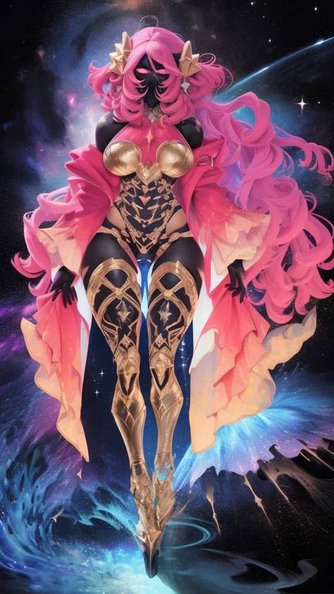 1figure, feminine figure, long blazing fire hair, (crystal skin: 1.2), (cosmic galaxy body:1.8), (faceless:1.8), body filled wit...