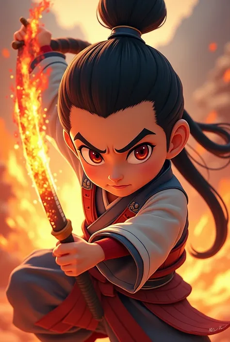 Create a  samurai boy with long tied hair with a fire katana with red eye and in an animation 
