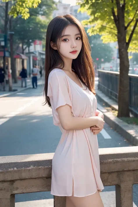 8K, Ultra-high resolution, best quality, masterpiece, Surrealism, photo, 1 girl,pretty girl, Cute face, Roadside,railing,Soft Light,Chinese Beauty,Tight Fit,Nightdress,whole body