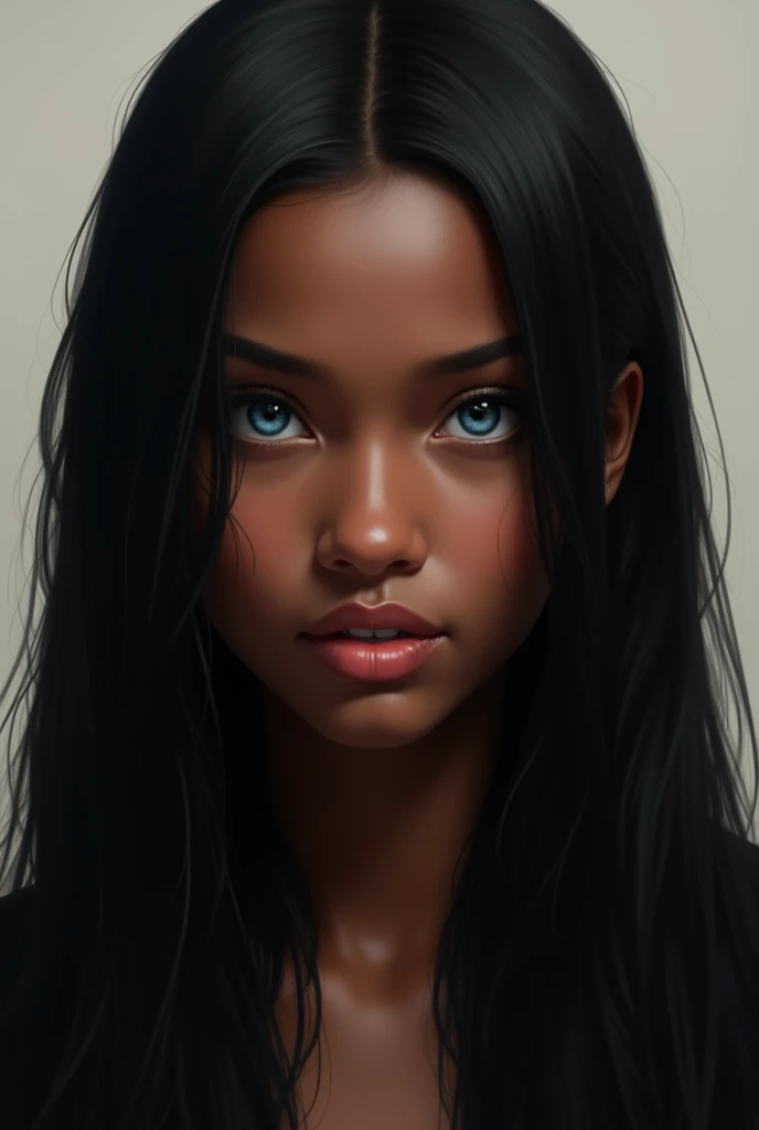  about  with long straight black hair, blue eyes, round face and dark skin, realistic photo