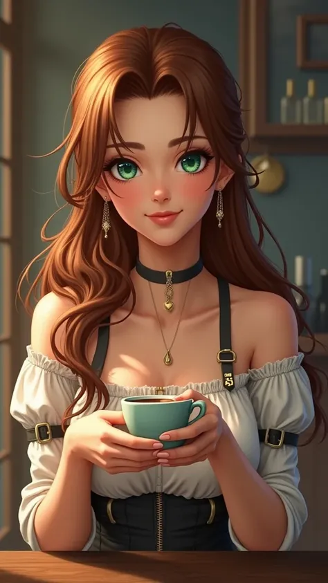 Aerith de Final Fantasy 7 avec une tenue ecrit 54 tenant une petite tasse de café, sourire