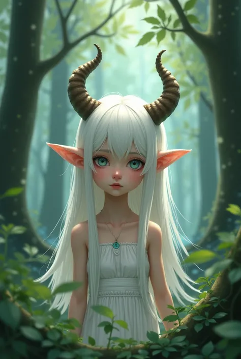 kid girl with elf ears, white hair, small horns like a ram, anime style, forest background. A little melancholic and very beautiful