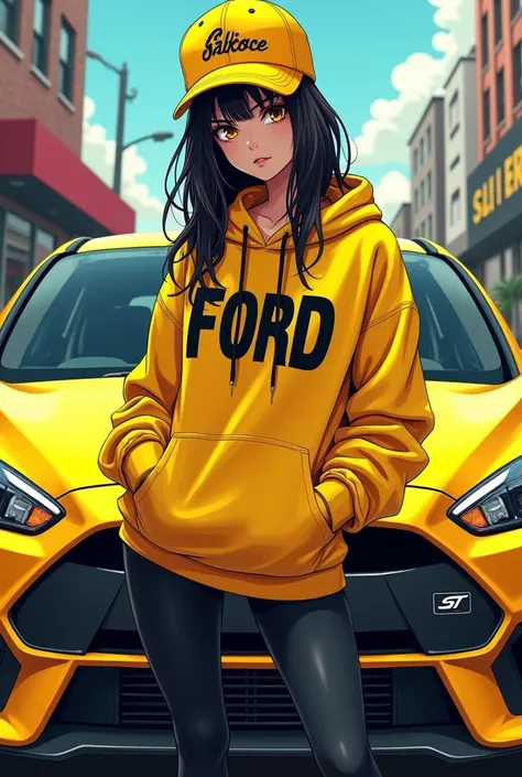 Gangsta girl with yellow snapback,yellow hoodie with angarage text,black leggins,yellow jordan shoes,in background a yellow ford st,anime