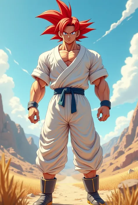 Goku with white shirt and white shorts with red hair 