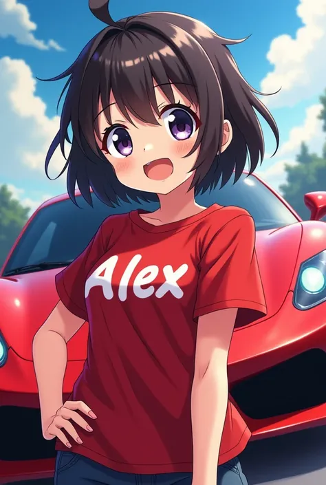 A girl with red tshirt,alex text on the tshirt,a red car in background,anime