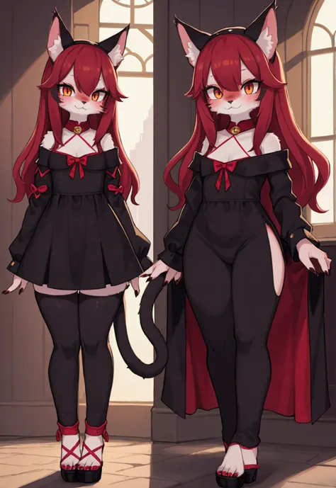 a full-body illustration of a young girl with cat ears and a long, bushy cat tail, featuring reddish-black fur. she has a large,...