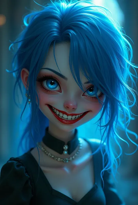 A surge of art, deep blue ink art, Detailed painting, charming sweet woman, with blue hair, crazy evil smile, Dark Fantasy, surrealistic atmosphere, Luminous, UHD, dark vivid colors, In the style of Tim Burton, magic, Digital illustration, luminism, rim li...