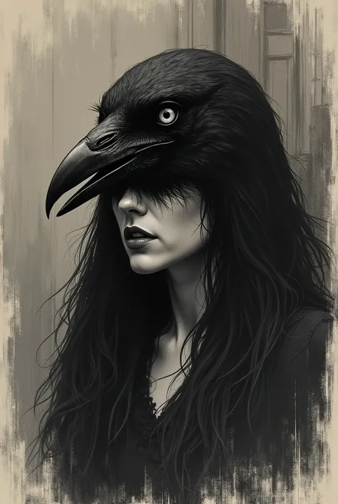 gothic sketch for a sketchbook of a woman whos head is a crow make it scary