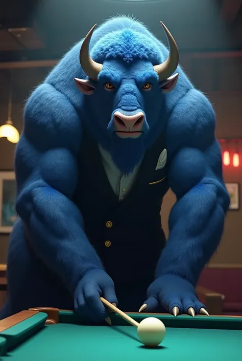 Occupation: Legendary billiards player, urban mythAppearance: A massive, muscular blue bison standing upright like a human. smiling happy face. Towering height and bulky frame.Clothing: A sleek black tuxedo tailored to fit his beastly form, adding a touch ...