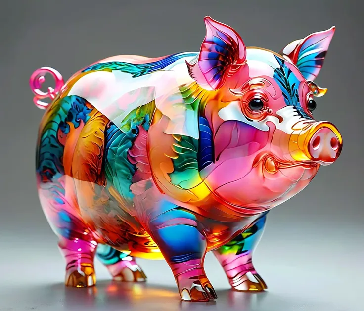 gl4ssj3m, (chubby, male, pig), transparent glass sculpture, vibrant colors, done by artists such as ruan jia, hires textures, hi...