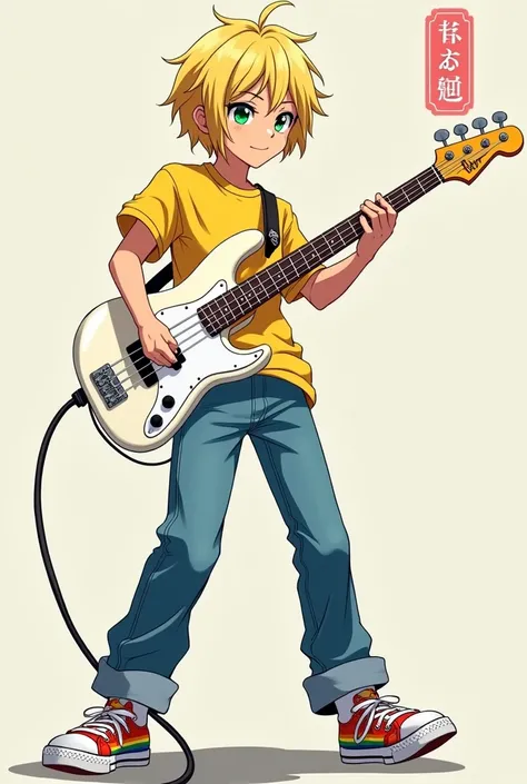 make a japanese, white, bass guitar, wearing a yellow t-shirt, jeans, gay tennis shoes, blonde with green eyes, short social hair