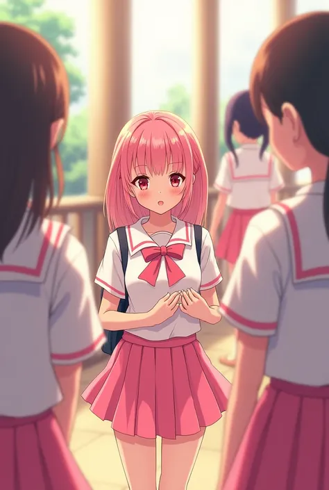 Anime girl in a short skirt with pink braided hair, wearing a school girl uniform, a cute and beautiful pink skirt. And have the same friends