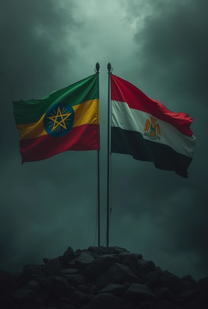 a portrait size picture of a dark and scary world with Ethiopian and Egypt flags side by side