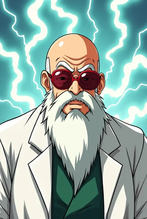 A comical cartoon-Akira-Toriyama-style drawing of Muten Roshi, also known as Kame Sennin, depicted as a scientist. He is wearing a white lab coat instead of his usual outfit. Muten Roshis iconic features remain: bald head, thick white beard, and red sungla...