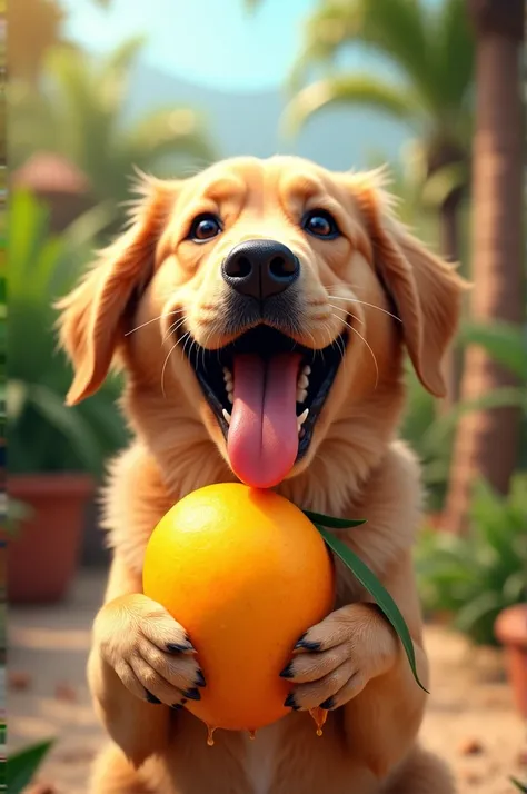 dog sucking mango