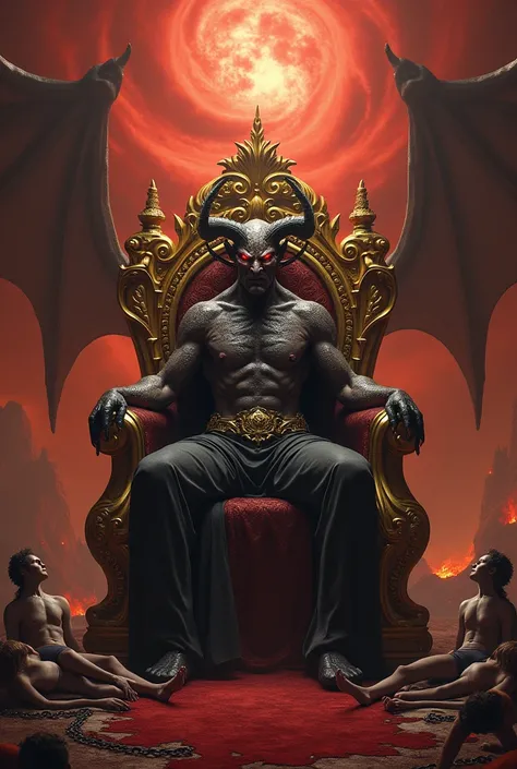 Demon on golden throne hellish atmosphere with sexy women and men tied 