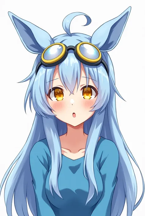 Blue hair, animal ears, yellow eyes, cheerful, girl, blue clothes, anime style, long hair, slightly unkempt, E cup, blue glasses goggles with yellow rims on top of the head, shy