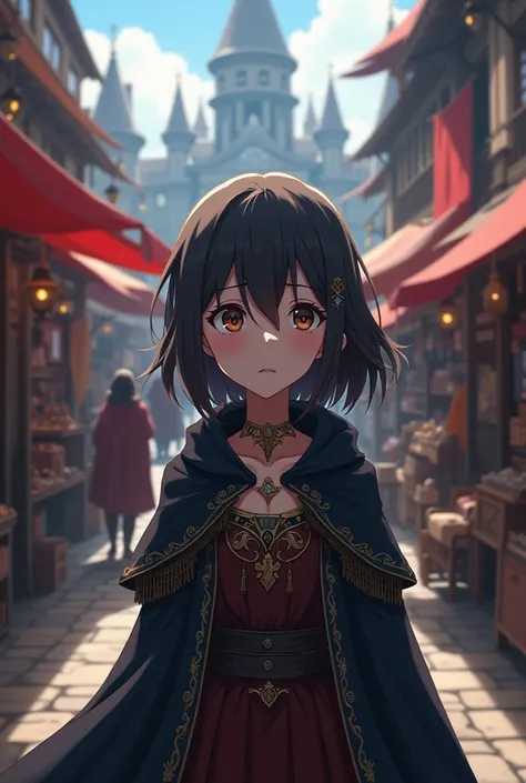 anime poster with a medieval fantasy city, the background is in a marketplace and the female women anime character is using European medieval cloth is worried about. dramatic, 4k, digital art, award winner, best quality.