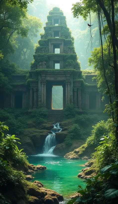 A forgotten ancient temple partially submerged in a vibrant jungle, with lush vines and moss reclaiming the stone structures. The soft light filters through the dense canopy above, illuminating small waterfalls trickling from the ruins into emerald pools. ...