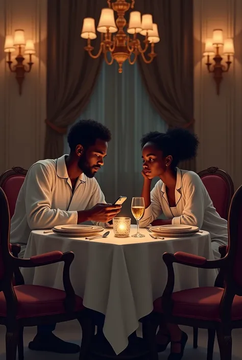 With both of them in pajamas ,Generate an image of a dark black man and a dark black lady laying sitting at dinner with the man holding his phone without eating in their luxury dining table far away and distant 