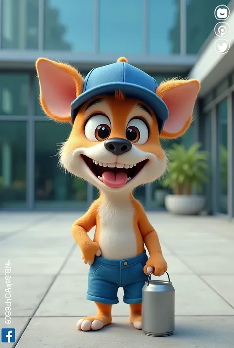  a small dog with exaggerated, cartoonish features. The dog has large, expressive eyes, a wide smile showing its teeth, and is wearing a blue baseball cap backward. It is also dressed in blue shorts and is holding a tin can in its paw. The background shows...