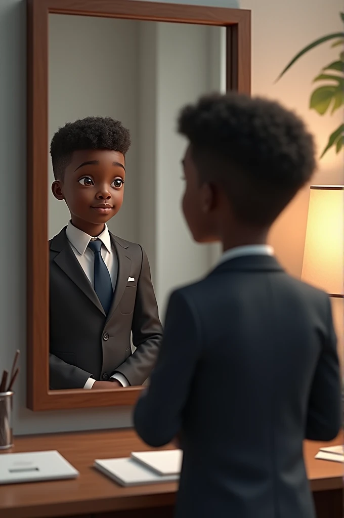 Black kid seeing his reflection in the mirror in the future as a lawyer 