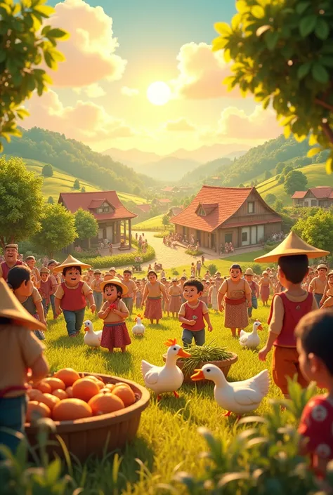 in cinematic 3d cartoon styleHarvesting and Celebration**:
   - "Farmers celebrating the harvest festival with joy. The scene should show people gathering crops, preparing traditional foods, and participating in lively cultural activities."