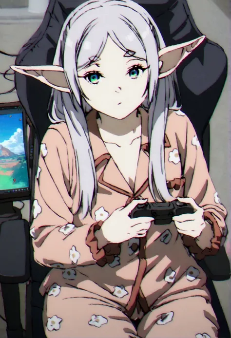 dressed in sexy pajamas, elf ears, sitting in the games chair , playing video games on pc