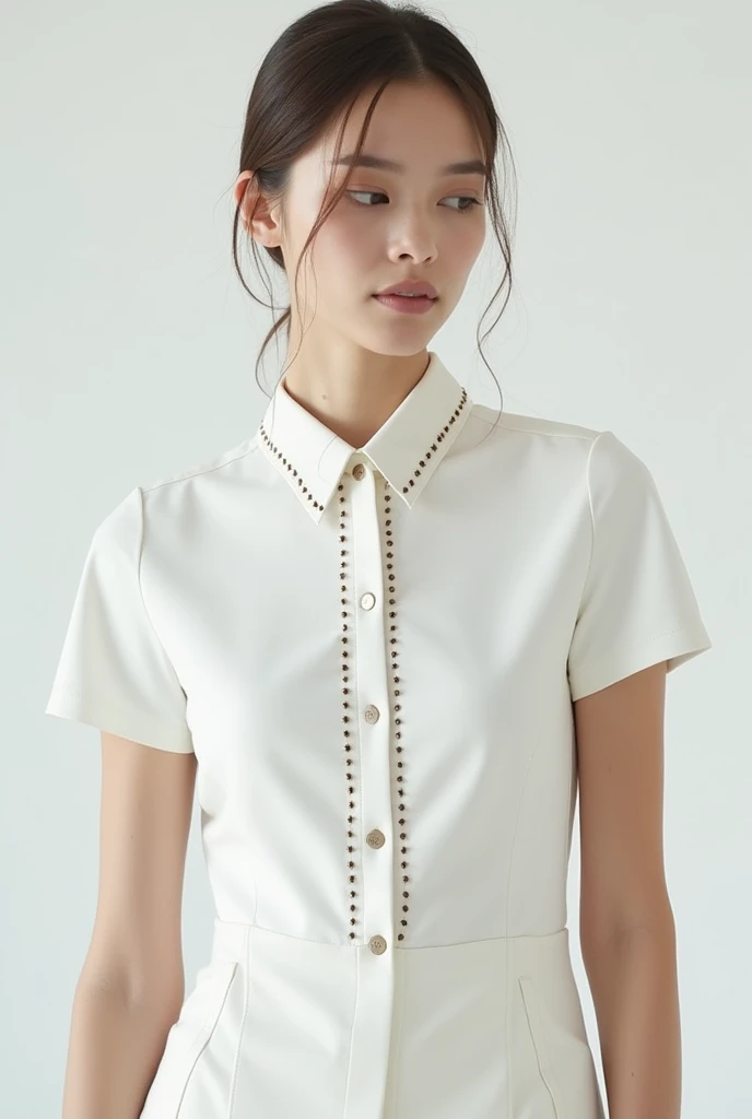 The model also wears an elegant white short-sleeved shirt with stitching details., Create designs that have never been done before, that the blouse has bordered seams on the front. That the sleeves of the shirt are tighter to the thin arm 