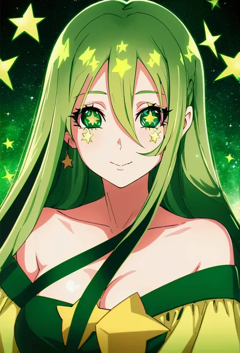 (masterpiece, best quality), ((1girl, (mature female) long green hair), (star-shaped pupils, green eyes, +_+, symbol-shaped pupils, sparkling eyes)), (looking at viewer, light smile, off shoulder), (multicolored background, abstract background, chromatic a...