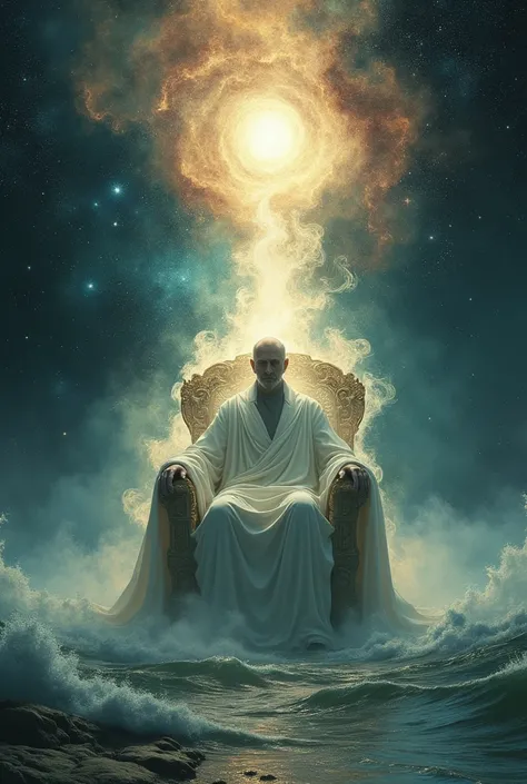  Depict Godfather, the ultimate being beyond ideas and concepts, seated at the Last Shore, a realm that transcends time, space, and all understanding. The Last Shore is a cosmic boundary, where the sea of existence fades into the infinite void of the Beyon...