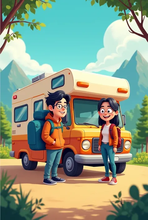  draw a motorhome. There must be on the side, A Man and a Woman.  Both must be outside the motorhome, smiling. They must have dark hair and wear backpacks. the boy must wear glasses. the woman should have long hair, You should not wear glasses. It must be ...