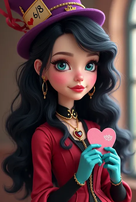 Imagem da filha da Maddie Hatter e da Lizzie Hearts de Ever After High: You have to have loose, slightly wavy hair, not curly black with red highlights, a small purple hat with a side crown decorated with a gold ribbon and a small card with the number 6/8,...