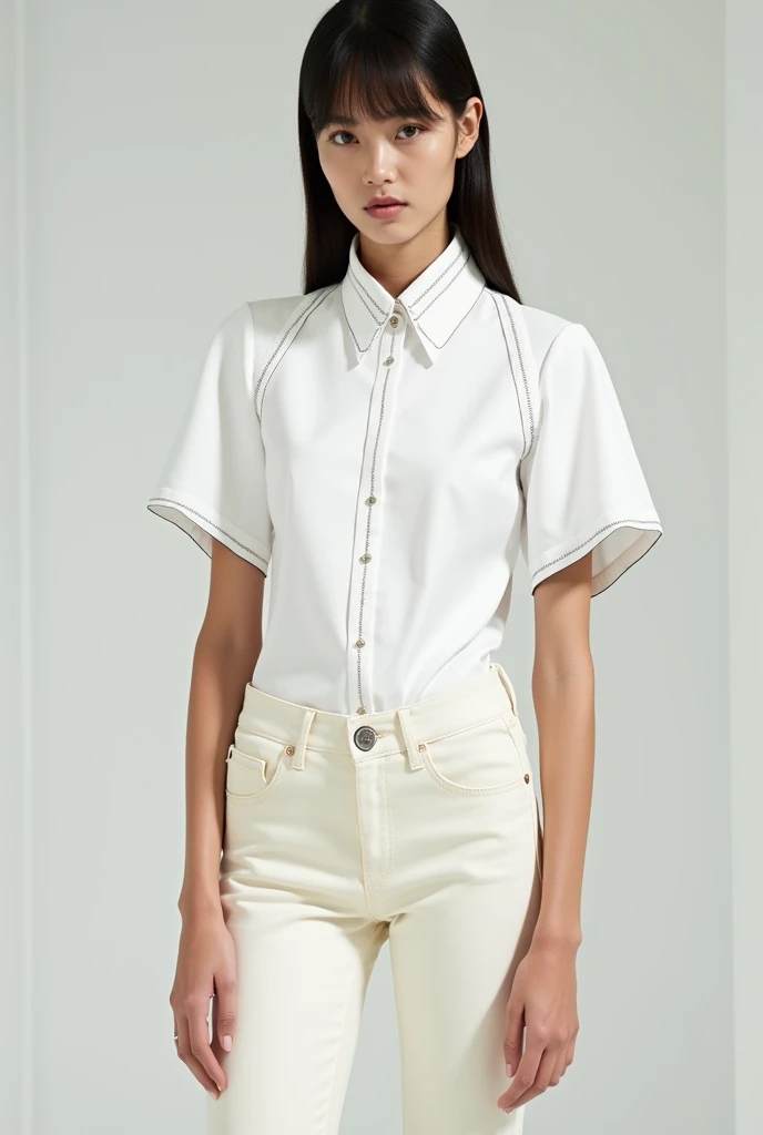 The model also wears an elegant white short-sleeved shirt with stitching details., Create designs that have never been done before, that the blouse has bordered seams on the front. That the sleeves of the shirt are tighter to the thin arm. With that same s...